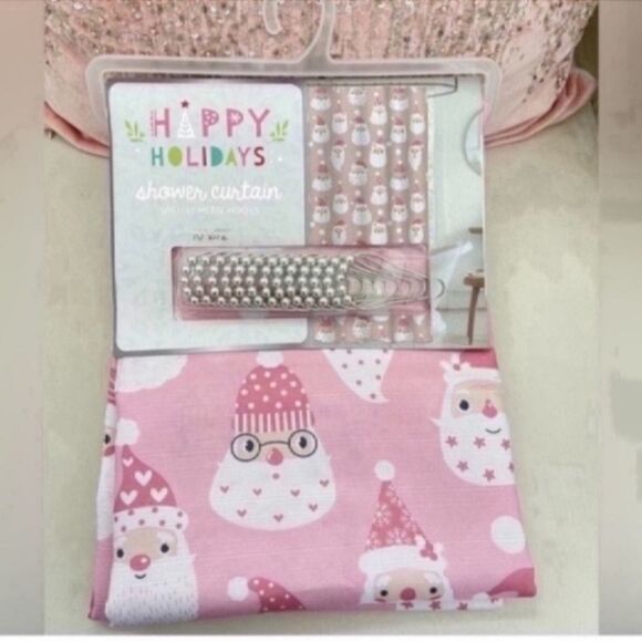 New Pink Santa Shower Curtain with Shower Hooks - Picture 2 of 8